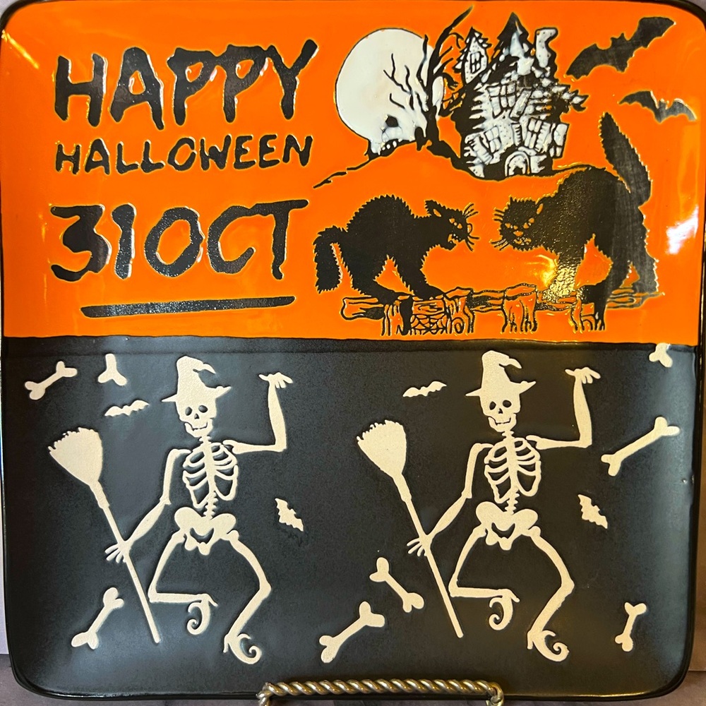 Happy Halloween Square Salad Plate Dancing Witch Skeletons Cats Oct 31 Bones